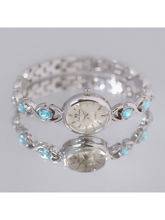 Women\'s Silver Blue Vintage Bracelet Elegant Jade Oval Dial Quartz Wrist Watch